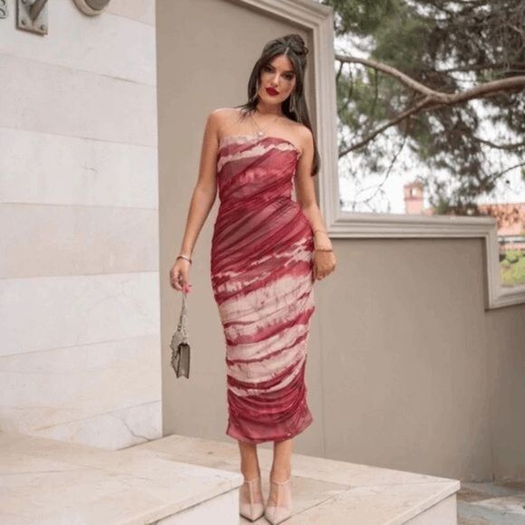 RED MARBLE TULLE CORSET MIDI DRESS ZARA MARBLE Red - Picture 11 of 16